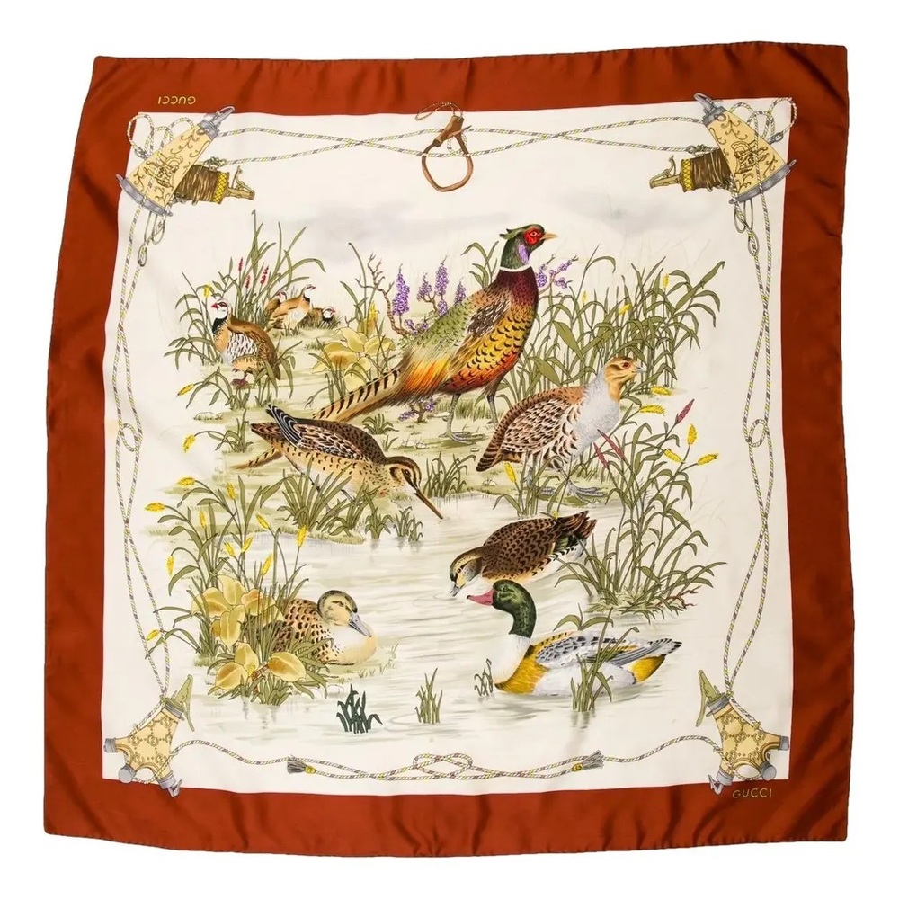 Gucci Silk Scarf with Orange Border and Wildlife Design